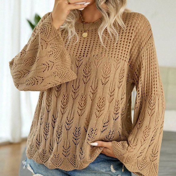 Khaki Casual Womens Pointelle Knit Flare Sleeve Sweater - Picture 4 of 5